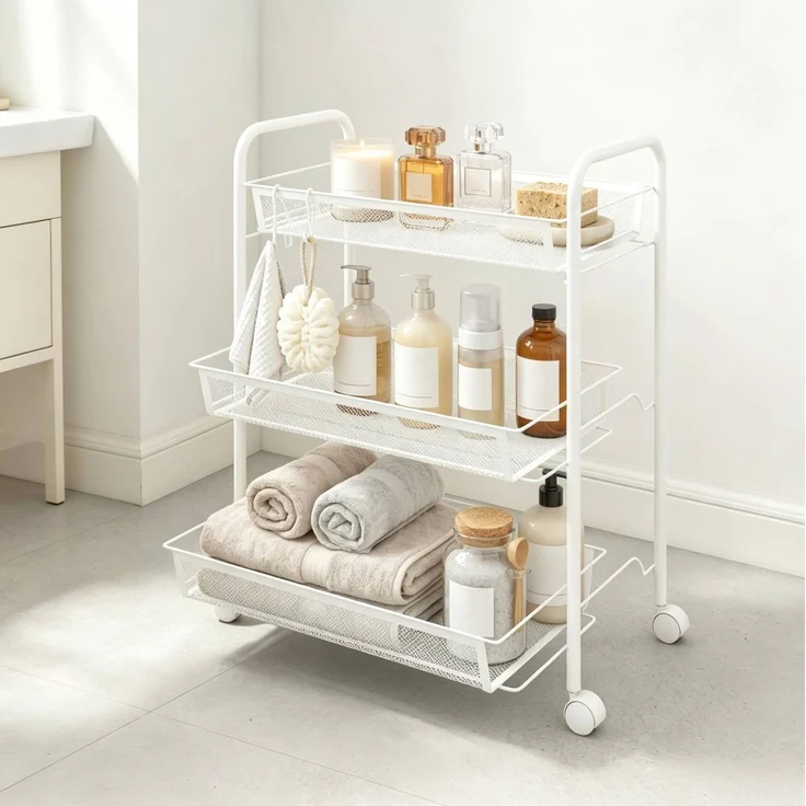Rollwagen aus Stahl mit 3 abnehmbaren Körben, 45x26,5x63 cm, Weiß – Bild 2