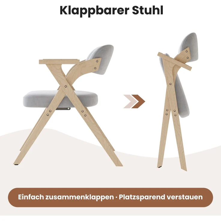 Klappstuhl mit Massivholzrahmen und Samtsitz,faltbarer Esszimmerstuhl, bequemer Polsterstuhl,Grau – Bild 5