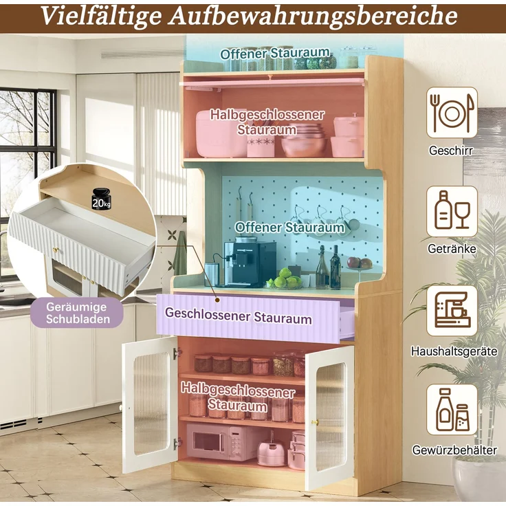 EINHOM Highboard mit verstellbaren Regalböden und Schubladen, Küchenschrank mit LED-Beleuchtung und Riffelglas, Ideal für Esszimmer, Wohnzimmer und Küche (Natur) – Bild 7