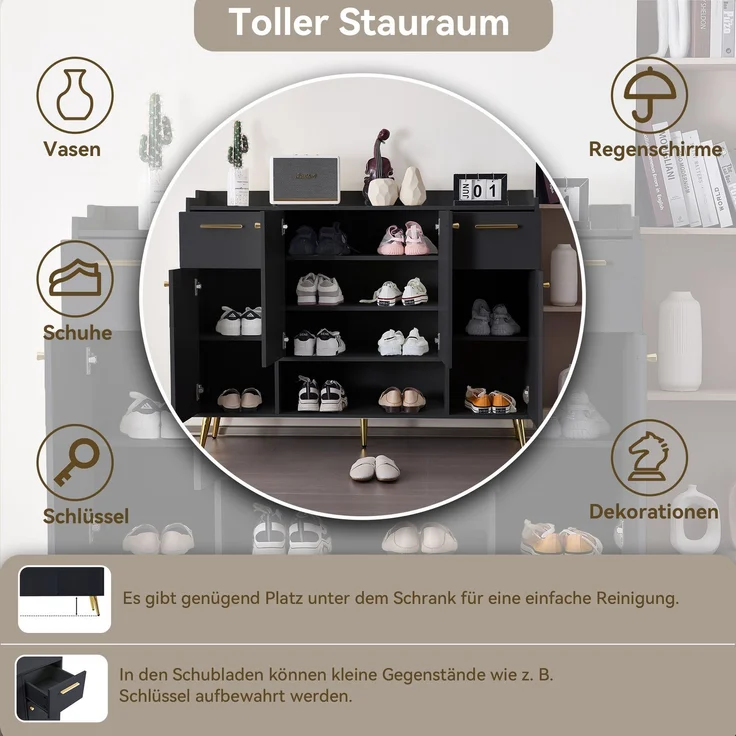 Merax Schuhschrank, Schuhregal mit 2 Schubladen und 4 Türen, Metallfüße, Maße: B130/W37/H100, schwarz – Bild 7