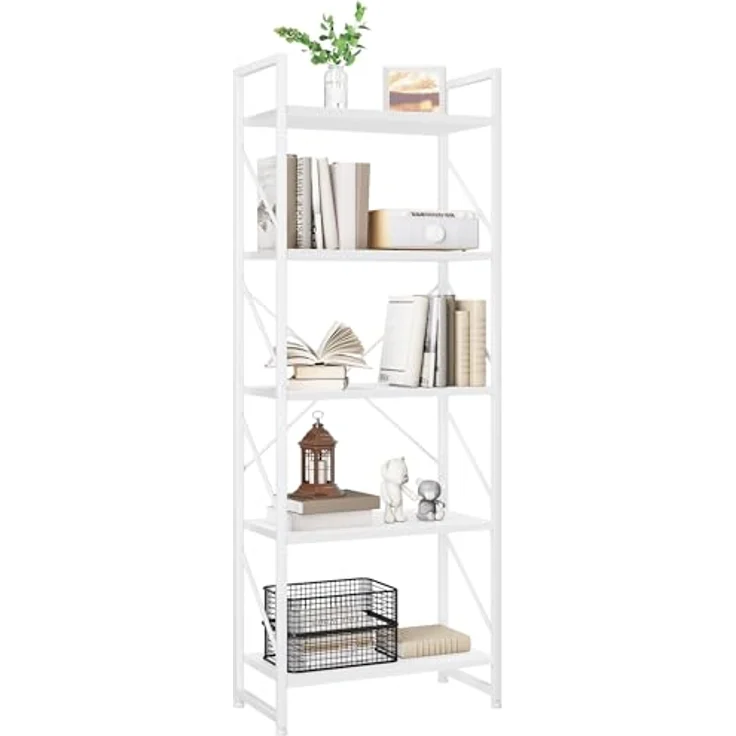 YITAHOME Bücherregal mit 5 Ebenen, freistehendes Bücherregal, Holzregal und Metallrahmen, Aufbewahrungsregal für Wohnzimmer, Heimbüro – reines Weiß – Bild 7