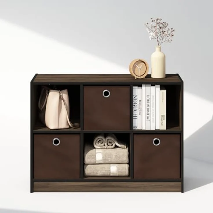 Furinno Cubic Kleiderschrank-Organizer und Aufbewahrung, 6-Fach Würfelregal mit Boxen, Offenes Regal Kleiderschrank-Aufbewahrung, Columbia Walnuss/Dunkelbraun – Bild 5