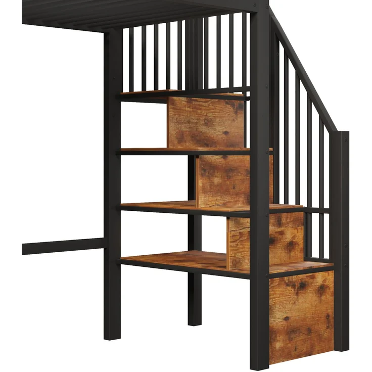 EINHOM Hochbett, 90 x 200 cm, Eisenrahmen, Ablageleiter, Offener Stauraum unter dem Bett, Fenstergestaltung, Icherheitsgeländer, Schwarz (Ohne Matratze) – Bild 6
