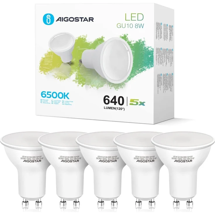 Aigostar GU10 LED Kaltweiß 8W LED Leuchtmittel， Glühbirnen 640 Lumpe 6500K， Abstrahlwinkel 100-120 Grad， Kaltweiss Lampe Strahler Flimmerfrei nicht Dimmbar Reflektorlampe 5er-Pack