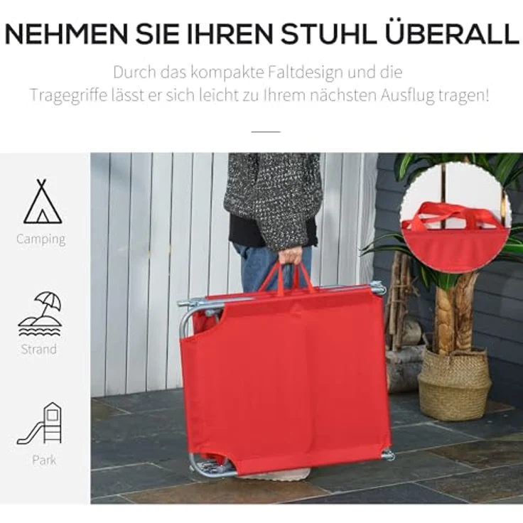 Outsunny Klappbare Sonnenliege, Liegestuhl mit 5-Fach verstellbarer Rückenlehne, wetterfest, rot, bis 120 kg belastbar – Bild 4