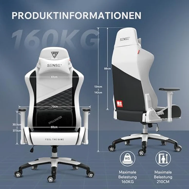 SENSE7 Gaming Stuhl Spellcaster Senshi Edition XL, ergonomischer Gaming Sessel, verstellbaren Lendenkissen Einstellbarer Neigungswinkel, Wippfunktion, PU-Leder Gaming Chair, 150kg, PC Stuhl Weiß – Bild 4