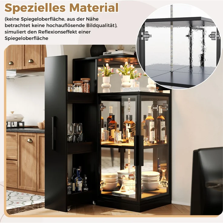 Glasvitrine 64 x 42 x 112 cm in Schwarz mit LED-Beleuchtung und ausziehbarem Seitenschrank – Bild 7
