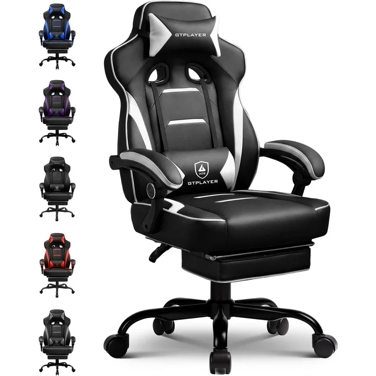 GTPLAYER Gaming Stuhl mit Fußstütze, Ergonomischer Bürostuhl 180kg, Schwerlast Gaming Sessel mit Lendenwirbelstütze und Kopfstütze, Höhenverstellbarer Computerstuhl, Gepolstert, neigbare 155°, weiß – Bild 1