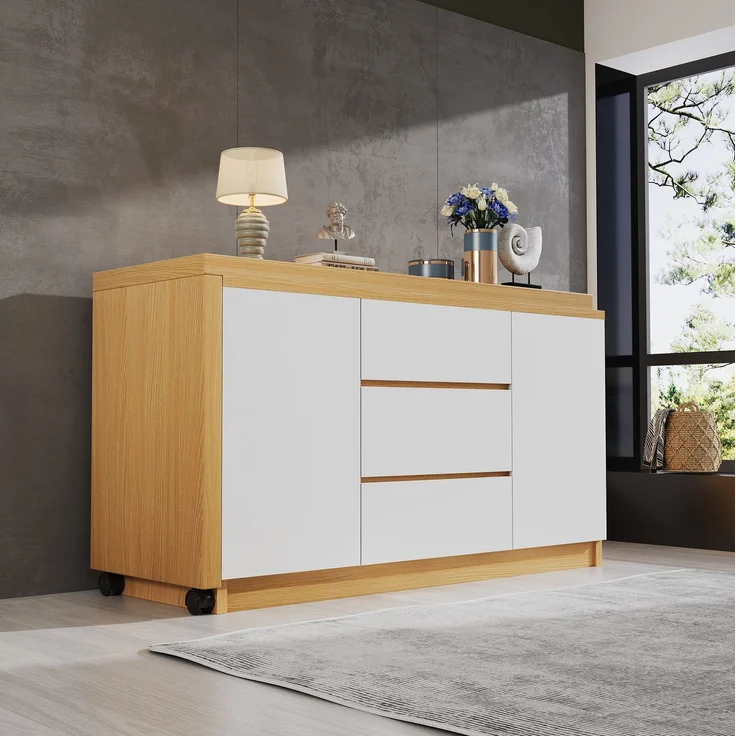 Schreibtisch 120x50x76,5 cm mit drehbarer Tischplatte, Schubladen und Rollen – Eiche/Weiß – Bild 2