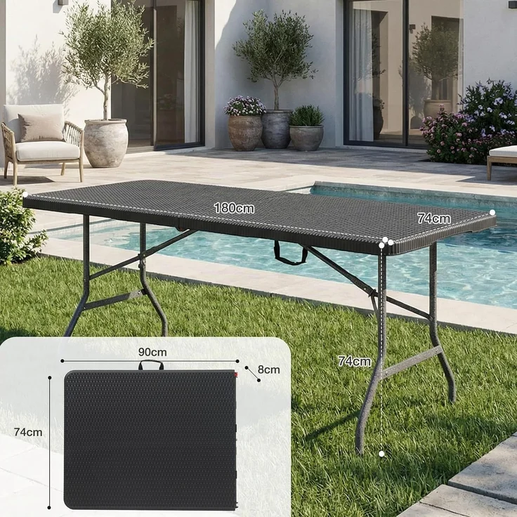 Sekey Buffettisch Tisch Klappbar Kunststoff 180 cm Campingtisch mit Tragegriff Partytisch Klapptisch Gartentisch für Garten Terrasse und Balkon, Schwarz Rattanoptik – Bild 3