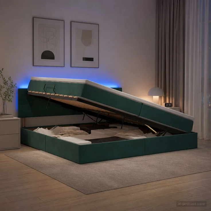 vidaXL LED-Speicherbett mit Matratze Dunkelgrün 200 x 200 cm Samt 3459273 – Bild 4
