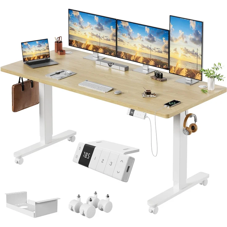 Devoko Elektrisch Höhenverstellbarer Schreibtisch Holzwerkstoff und Metall Beige 160 x 80 x 72-118 cm – Bild 2