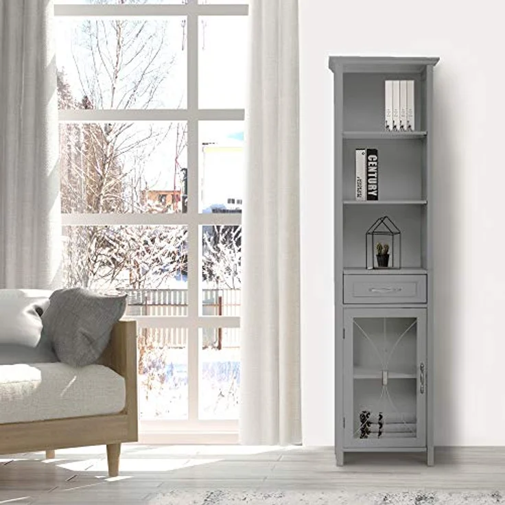 Teamson Home Delaney Badezimmer Holz Multi funktionaler Leinenschrank grau EHF-7978G mit Schubladen und offenen Regalen – Bild 4
