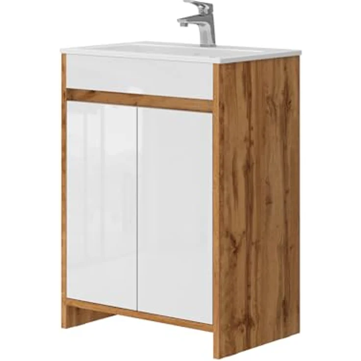 Vicco Waschbeckenunterschrank Lemgo, Badmöbelset in Goldkraft-Eiche mit weißem Hochglanz-Front und Keramikwaschbecken, 59,6 x 81,9 x 40 cm – Bild 1