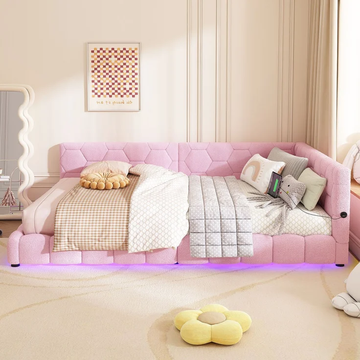 Daybett 214 × 152 × 64,5 cm ,140 × 200 cm Liegefläche – Vliesimitat & MDF,16‑Farben LED, USB/Typ‑C, Rosa – Bild 2