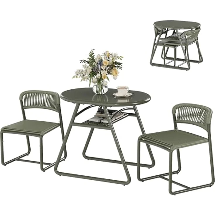 GarveeHome Bistrotisch mit 2 Stühlen, Modernes 3-teiliges Bistro-Set für Garten, Balkonmöbel Set mit 80cm Tisch&2 Stühle aus wetterfestem, Terrassenmöbel Möbel Set für Kleinen Balkon（Graugrün） – Bild 1