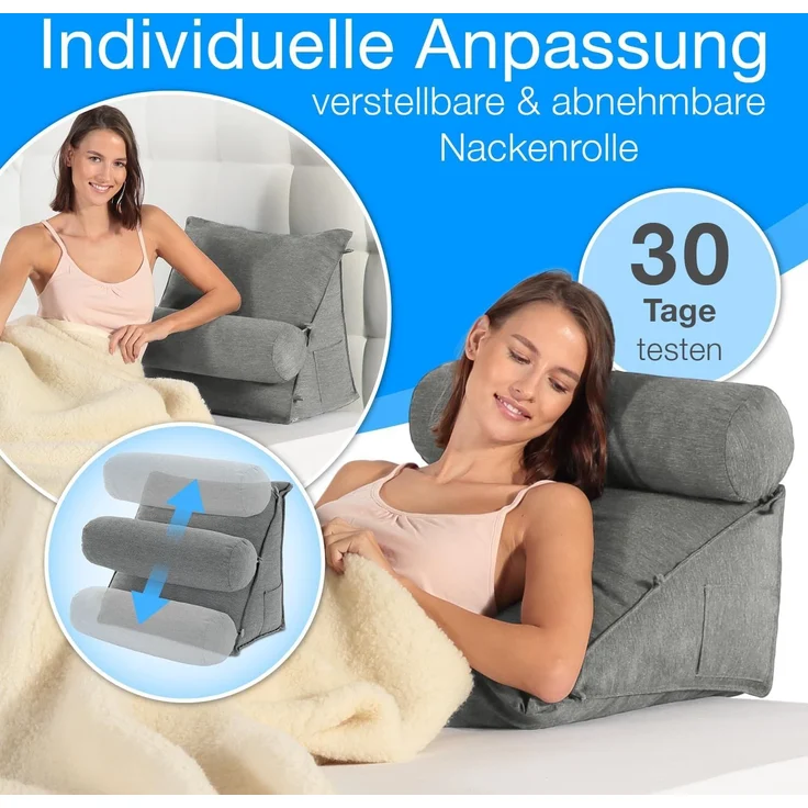 aktivshop Rückenkissen mit Nackenrolle für Bett & Sofa, 55x50x30cm, waschbarer Bezug – Bild 3