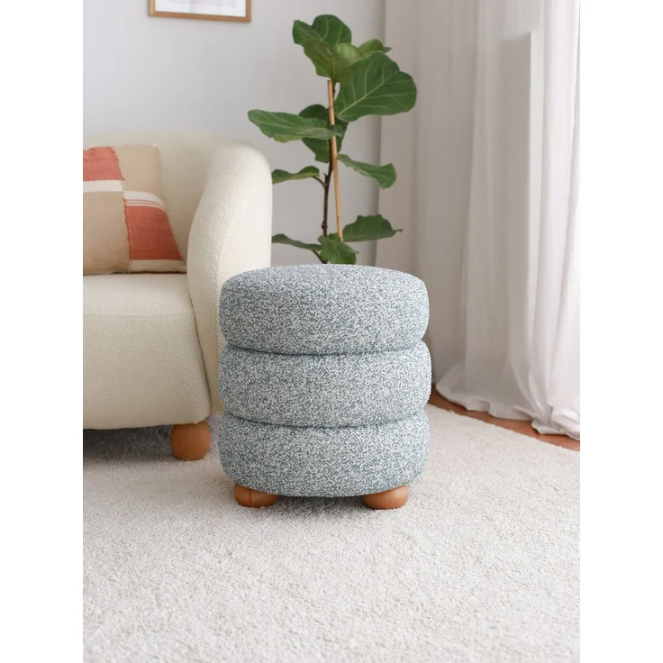Stylish Pouffe with Wooden Frame, Teddy Fabric, 42 x 44 x 42 cm | Blue & Grey | Soft 24 DNS Feather Cushion | Perfect for Modern Living Spaces – Bild 1