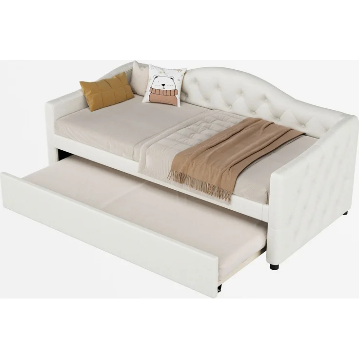 Merax Daybett, 90x200cm Tagesbett mit ausziehbarem Bett,Schlafsofa, Einzelbett(Ohne Matratze), Leinen, minimalistisches Styling, beige – Bild 10