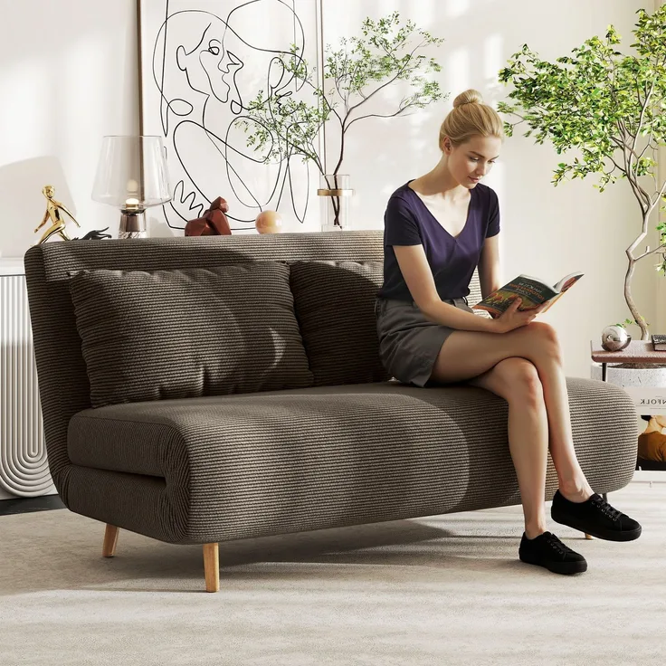 Wohnora-Schlafsofa, Gästebett, 3-fach verstellbare Rückenlehne, Kordoptik, bis 120 kg, 141 x 90 x 81 cm, Dunkelbraun,H 810cm x T 1410cm x B 900cm,Kaffee-Braun