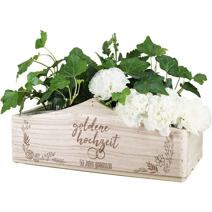 Herz & Heim Geschenkbox Pflanzkorb aus Holz mit Motiv zum Hochzeitsjubiläum, mit Holzgriff