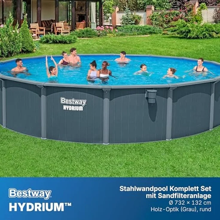 Bestway 561RP Hydrium Stahlwandpool Komplett Set mit Sandfilteranlage Ø 732 x 132 cm, Holz Optik (Grau), rund, WINTERFEST – Bild 3