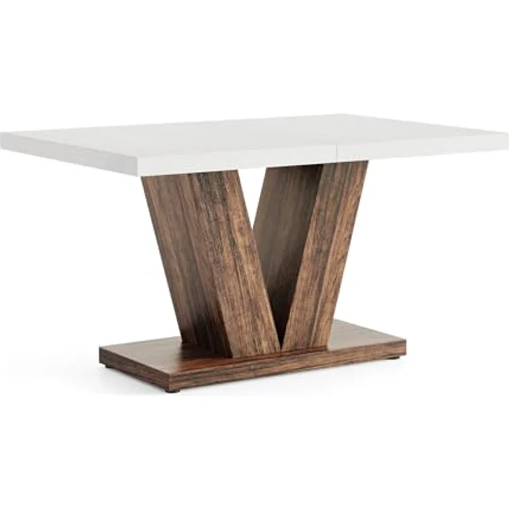 LITTLE TREE 47 Zoll Esstisch für 4 Personen, moderner Esszimmertische, weißer rechteckiger Küchentisch mit rustikalem, braunem V-förmigem Sockel, Esstisch aus Holz für Esszimmer, Küche, Wohnzimmer – Bild 8