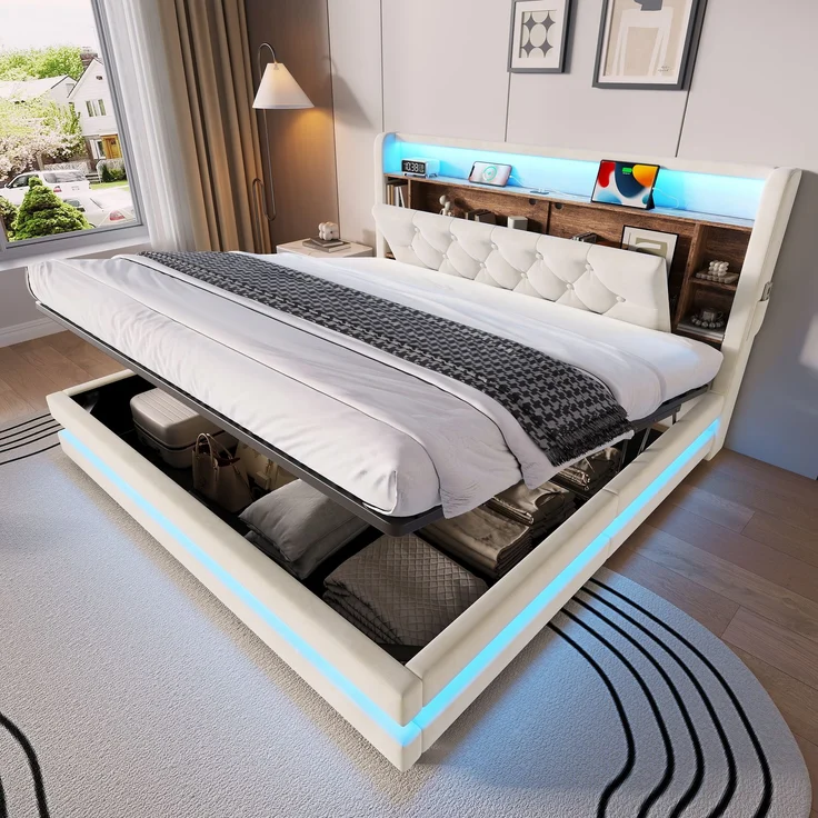 TavilaEcon Boxspringbett Samtbett, Polsterbett mit LED-Beleuchtung & USB-Ladefunktion beige Liegefläche 160 × 200 cm – Bild 1