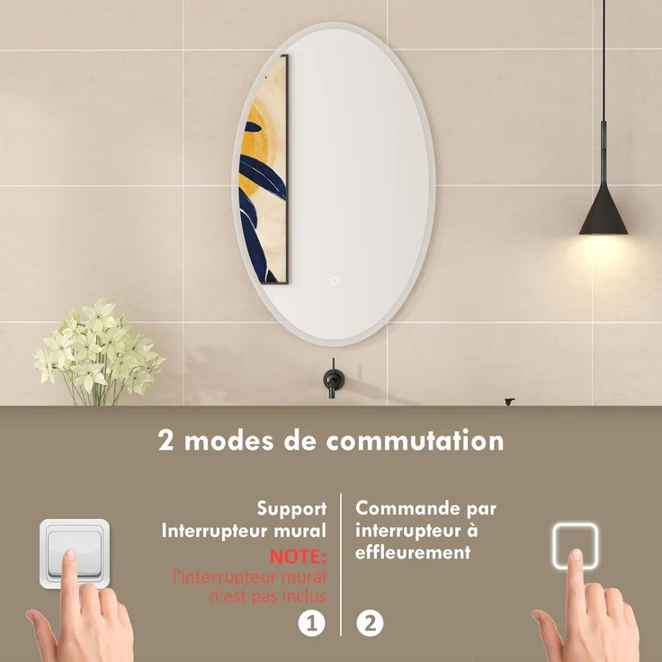 Badezimmerspiegel mit Beleuchtung 80 x 50 cm, ovaler LED-Spiegel, beschlagfrei, 3 Lichtfarben, dimmbar, transparent – Bild 10