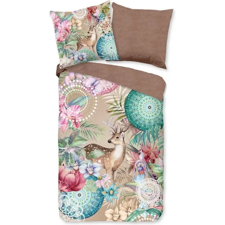 hip Flanell Bettwäsche 135x200 Hebe Hirsch Mandala Wende braun sand bunt 30950