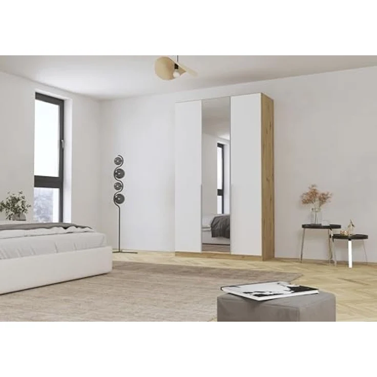 Rauch Möbel Alabama, Kleiderschrank für Schlafzimmer, Kinderzimmer, Wohnzimmer, Garderobe, Flur, 3-türig, Spiegel, mit Zubehör Premium, Farbe Weiß/Eiche Artisan, Holz, Breite 136 cm – Bild 2