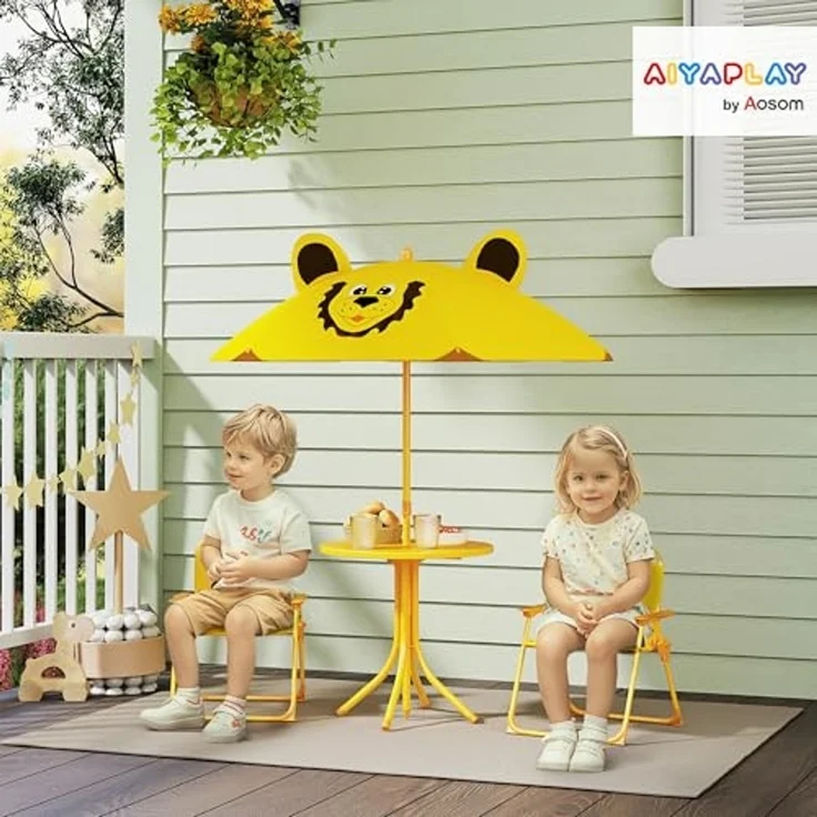 AIYAPLAY Garten-Kindersitzgruppe Kindersitzgarnitur mit höhenverstellbarem Sonnenschirm, (Gartentisch, 2 Klappstühle, 4-tlg, Löwen-Design für 2-5 Jahre Kinder), Gelb – Bild 2