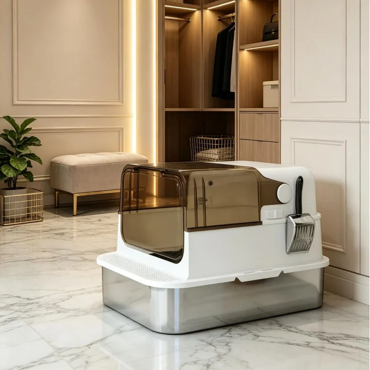 Geschlossene Katzentoilette 70 x 50 x 46,5 cm mit Edelstahlschale und Klappdeckel – Bild 1