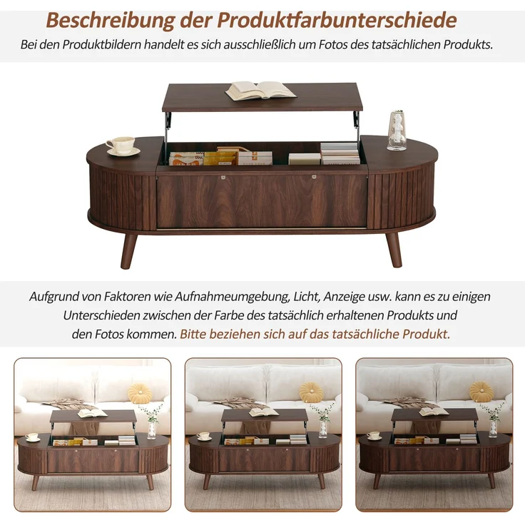 Abrihome Anhebbarer Couchtisch mit Stauraum und 5 Ablageflächen, Braun, 39x50x120 cm – Bild 6
