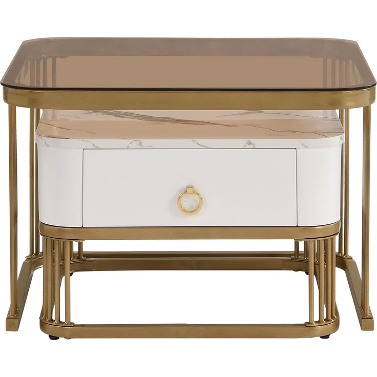 Couchtisch set 60×60+50×50 cm Hochglanz Marmoroptik Weiß und Gold und Teebraun,Kaffeetisch mit Schublade – Bild 10