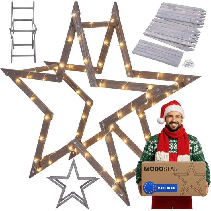 Modo24 Dekostern DIY MODOSTAR Weihnachtsstern Set aus FSC Holz 2D und 3D in 3 Breiten, zum Garten & Terrasse, wetterfest, faltbar & stabil, Weihnachtsdeko