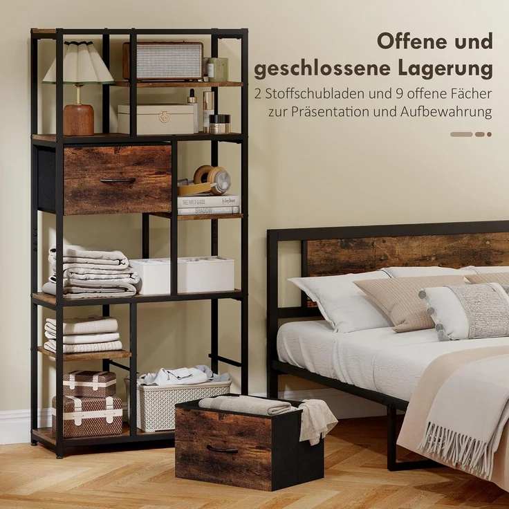 HOMCOM Standregal Bücherregal mit 2 Stoffschubladen, 9 offenen Fächern, Aufbewahrungsregal 1-tlg, für Büro, Wohnzimmer, Schlafzimmer, 72,5x30x150 cm, Rustikal-Braun – Bild 4