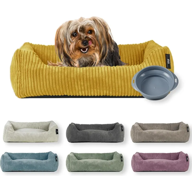 Rohrschneider Tierbett Hundebett Cord für kleine Hunde mit waschbarem Bezug inkl. Futternapf, antiruschbeschichtete Unterseite