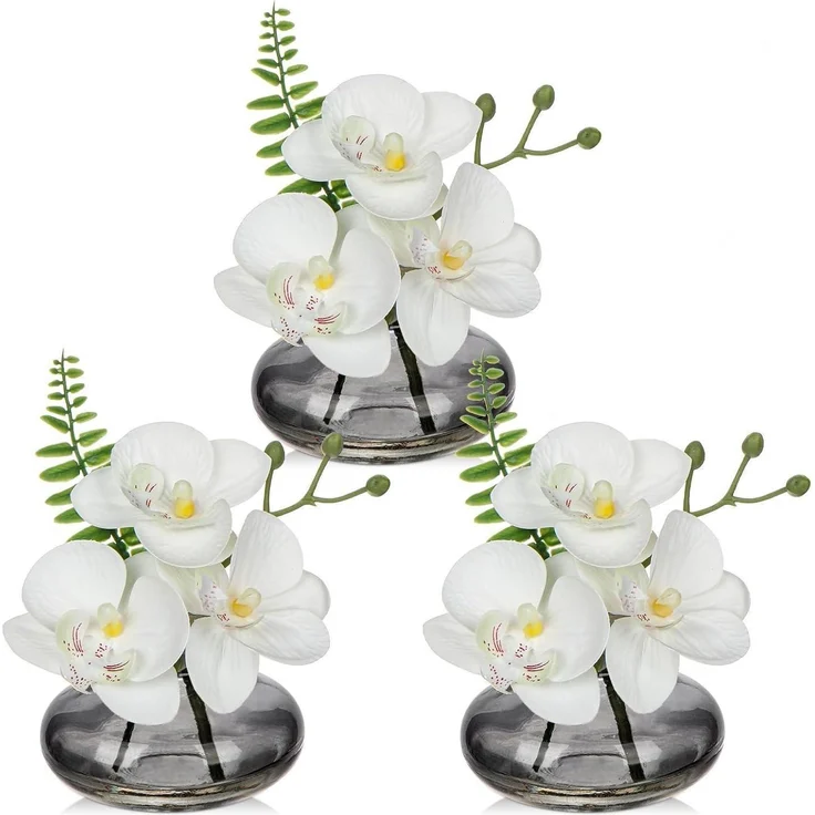 Künstliche Orchideen Kunstblumen 3er Set mit Glasvase Wohnzimmer Deko – Bild 1