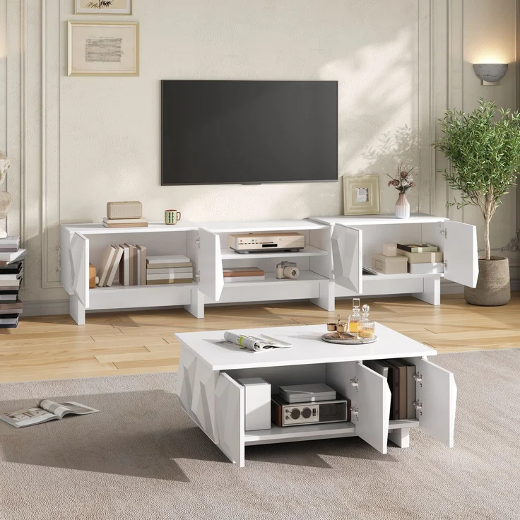 TV-Schrank-Set 180x34x44,5 cm mit Couchtisch 95x67x39,5 cm, Weiß, Rautenrelief – Bild 1