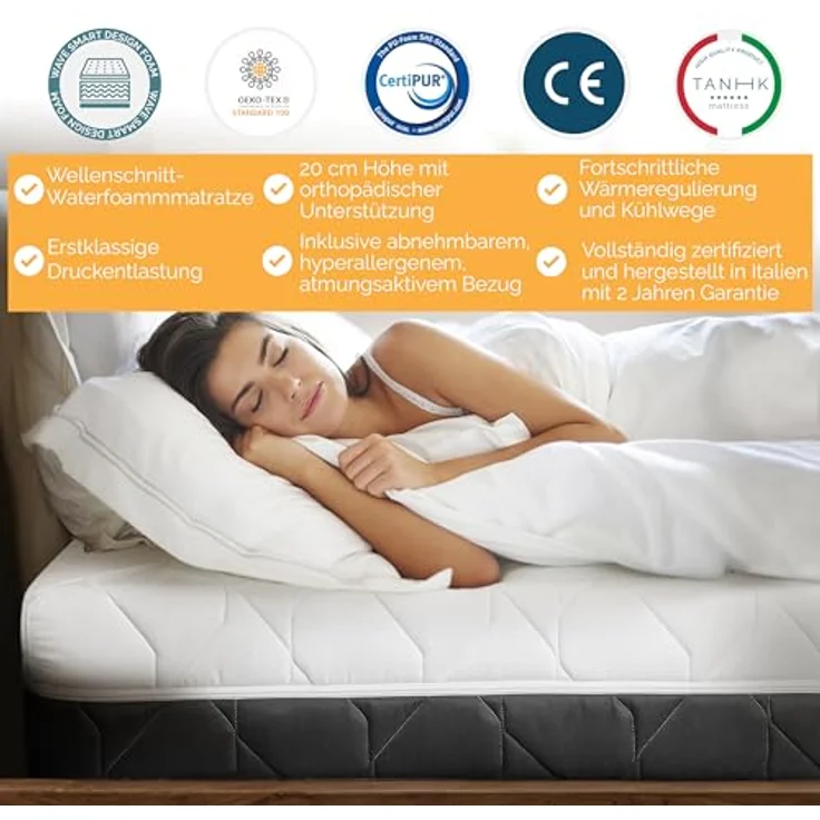 TANHK Wave Flow Smart Comfort Memory Foam Matratze | orthopädische Unterstützung mit Kaltluftzirkulationstechnologie | hypoallergener und atmungsaktiver Stoff | Made in Italy | 135x190 cm – Bild 5