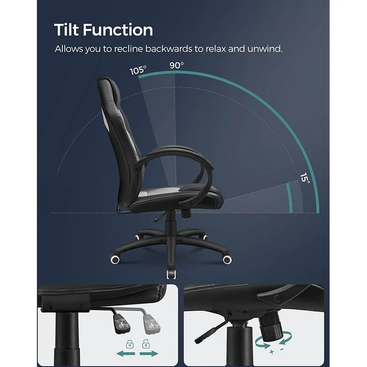 Songmics Racing Stuhl Bürostuhl Gaming Stuhl Chefsessel Drehstuhl PU, schwarz-weiß, OBG56BW – Bild 5