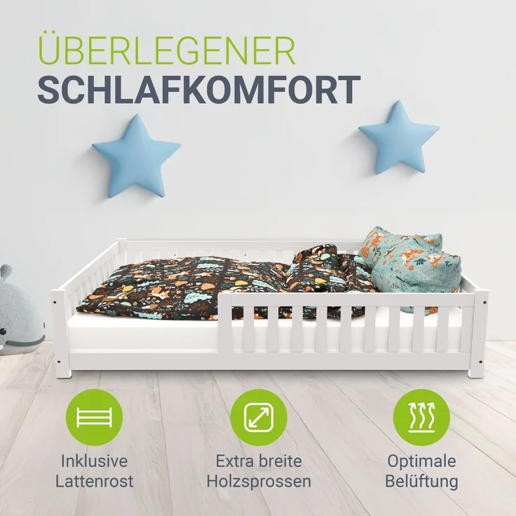 Juskys 'Naya' Kinderbett - mit Matratze, Rausfallschutz & Lattenrost - Bodenbett für Kinder 3 -10 Jahre - Holz Weiß, 140x200 cm – Bild 6