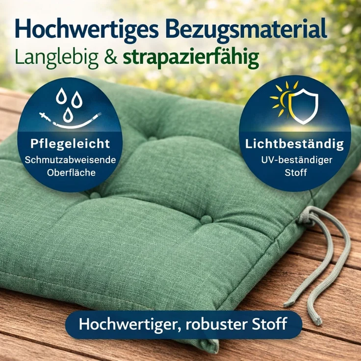 BURI 4x Hochlehner Auflage 117x49x6 cm - wetterfeste Gartenstuhlauflage mit Schaumkern & Vollvlies, Halteband & Bindebänder, bequemes Stuhlpolster für Balkon, Terrasse & Garten (Grün) – Bild 7