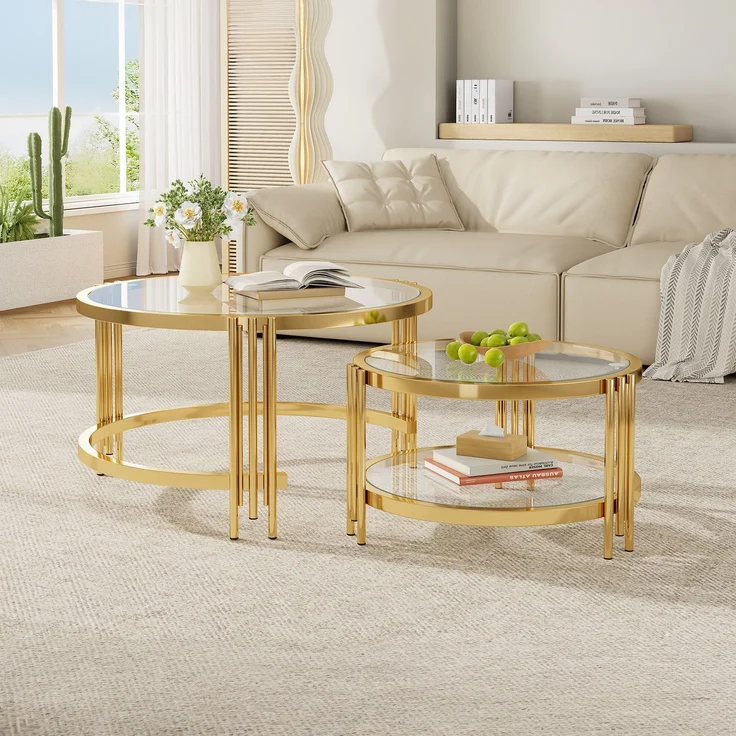 Couchtisch 80x80x45 cm – Quadratischer Glastisch mit goldfarbenem Metallgestell – Bild 2
