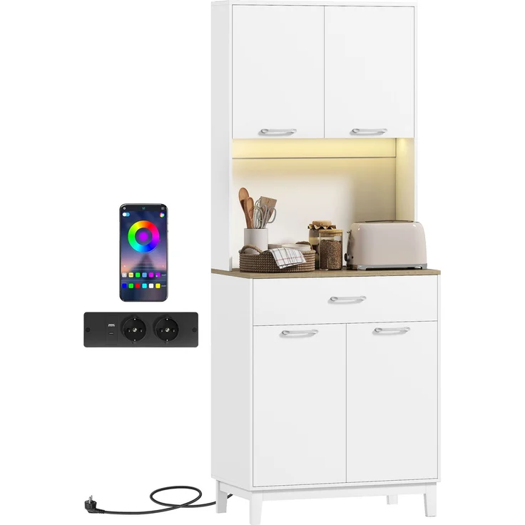 JARDJ Hohes Küchenbuffet mit LED-Beleuchtung und Ladestation, Küchenschrank mit 4 Türen, Schublade und Arbeitsplatte, weiß – Bild 2