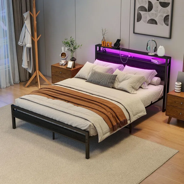 CHICFURN Bett aus MDF und Metall 140x200 cm mit Stauraum und USB-Anschluss Schwarz