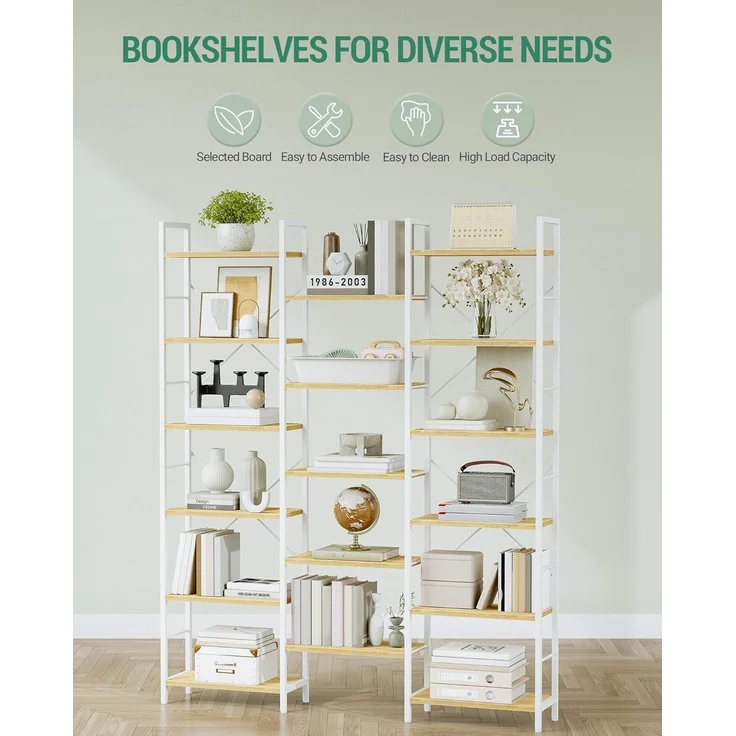 Bücherregale, Standregale, Regal mit 17 Fachböden, 6 Etagen, Verstellbarer Abstand, 24 x 152 x 186 cm, Tragfähigkeit 340 kg, Wohnzimmer, Büro, Weißeiche und Weiß – Bild 3