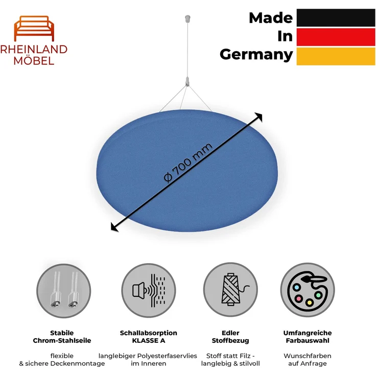 Rheinland Möbel FocusWall DAR07 – Runder Akustik-Deckenabsorber Ø 70 cm in Stofffarbe Bluebell inkl. Chrom-Stahlseilen - Made in Germany - Klasse A, Stoffbezug, schwer entflammbar – Bild 2