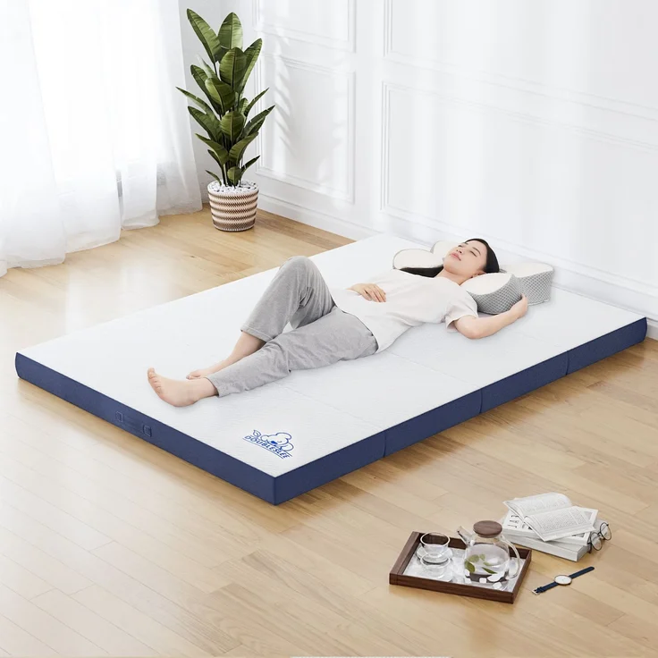 Botifly Faltmatratze 120 x 195 x 10 cm – 4-Fach klappbar, Memory Foam & waschbarer Bezug, Ideal für Gäste, Camping & Yoga (Blau/Weiß) – Bild 2